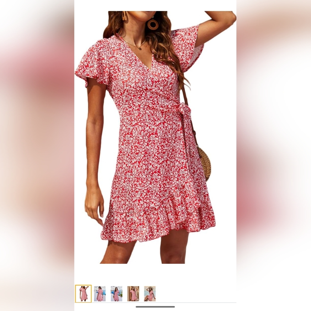 Red and white floral wrap dress